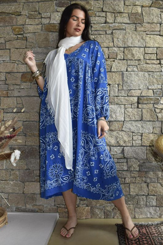 Kasbah Bubble Cotton Bandana Peasant Dress Malibu Blue